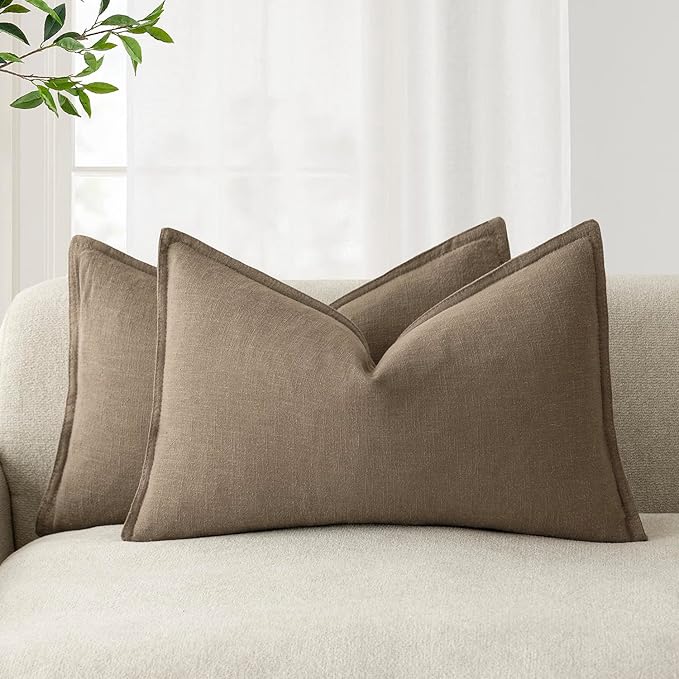 Foindtower Decorative Linen Lumbar Throw Pillow Covers 12x20 Cocoa Brown | Pack of 2 Boho Farmhouse Pillowcase,Accent Neutral Solid Cushion Covers,Morden Home Decor for Couch Sofa Bedroom Living Room