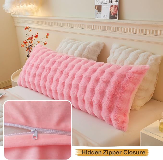 LIFEREVO Fluffy Faux Rabbit Fur Body Pillow Cover 20"x54", Pink | Soft Bubble Shaggy Bed Pillowcase with Zipper Closure, Long Plush Furry Pillow Case for Bedroom Pregnant Women Side Sleeper