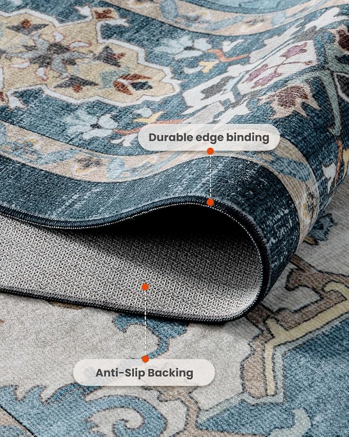 AMADA HOMEFURNISHING 8x10 Area Rug for Living Room, Vintage Washable Area Rug Low-Pile & Non-Slip Carpet for Bedroom Dining Room Nursery Home Office, Navy Blue/Beige
