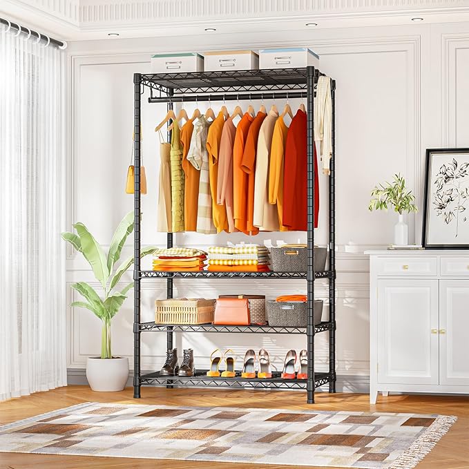 Ulif H4 Portable Closets, 4-Tier Metal Clothes Garment Rack for Bedroom and Cloakroom, Clothing Closet Storage and Organizer Wardrobe, 35.4" W x 14" D x 76.4" H, Black | Black Freestanding Clothing Closet Storage and Organizer Wardrobe for Apartment an...
