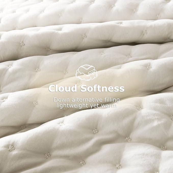 WDCOZY Queen Size Quilts Bedding Sets with 2 Pillow Shams, Ivory Lightweight Soft Bedspread Coverlet, Quilted Blanket Thin Comforter Bed Cover for All Season, 3 Pieces, 90x90 inches