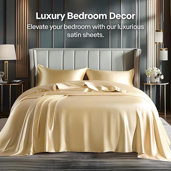BEDELITE Satin Sheets Full Size Bed Set, Champagne, 4 Pieces | Luxury Silky Bed Sheets, 15 Inch Deep Pocket, Similar to Silk, Soft and Cooling, Reduces Friction, Gentle on Hair and Skin