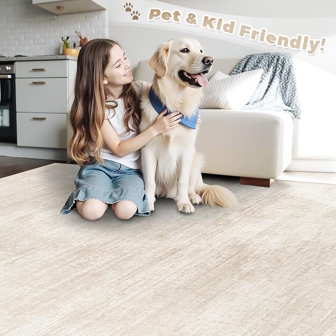 pmtsns Area Rugs 9x12 for Living Room: Washable Rug Modern Abstract Neutral Soft Non-Slip Low-Pile Indoor Large Carpet for Bedroom Dining Room Playroom Home Office (Beige, 9'x12')