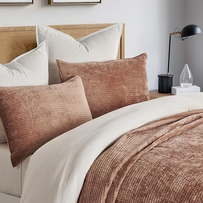 EverGrace Striped Channel Velvet Quilt Set, Queen Size, Terracotta Clay | Luxurious Soft Lightweight Velvet Comforter, Oversized Bedspread Coverlet, Quilted Bedding Set for All Season, with 2 Shams