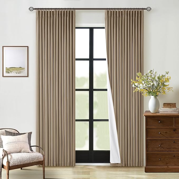Light Brown Pinch Pleated Full Blackout Curtains Linen Blend 80 Inches Long | Room Darkening Window Curtains, for Living Room Bedroom, Thermal Insulated, Back Tab Pinch Pleat with Hooks Rings, 2 Panels