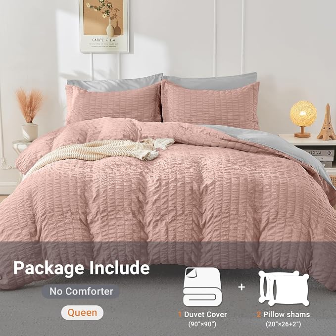 HYMOKEGE Rose Gold/Light Grey Duvet Cover King Size, Ultra Soft 3-Piece Seersucker Duvet Cover Set with Zipper Closure, Soft Brushed Microfiber Bedding Set with 8 Corner Ties (104"x90", 2 Pillowshams)