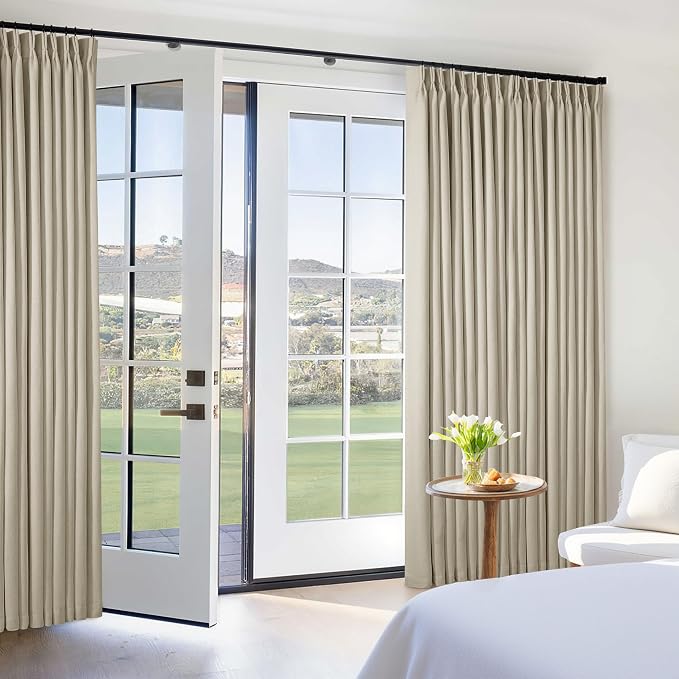 Extra Wide Burlywood Birch Pleated Blackout Linen 60 x 84 Inch Curtains | 100% Black Out, Memory Trained, Pinch Pleat with Back Tab, Noise Reducing, Thermal Insulated Neutral Window Drapes 1 Panel