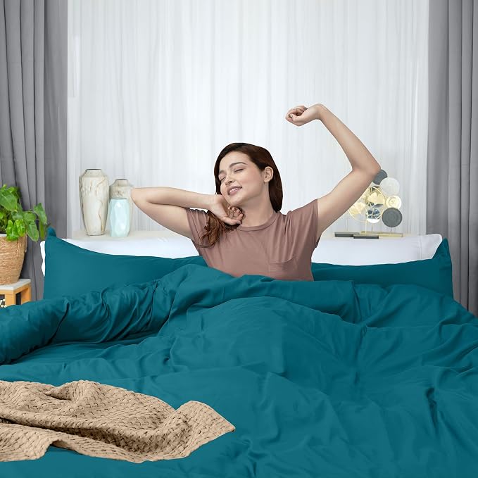 Duvet Cover Queen, 3 PC Cotton Like PolyesteR, Zipper Closure, Denim Blue | Extra Soft and Breathable, Wrinkle & Fade Resistant, Includes Duvet Cover and 2 Pillow Shams, Comforter Not Included, OekoTex