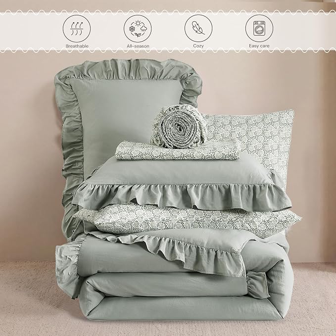 Queen Comforter Set-7 Pieces Ruffle Bedding with Floral Sheet | Sage Vine Bed in a Bag, Soft Lightweight All Season Farmhouse Queen Bedding Sets with Floral Sheets, Pillowcases & Shams