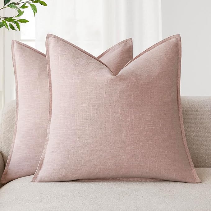 Foindtower Linen Solid Decorative Throw Pillow Covers 20x20 Inch Light Pink | Pack of 2 Boho Farmhouse Pillowcase,Accent Neutral Cushion Covers,Morden Home Decor for Chair Couch Sofa Bedroom Living Room