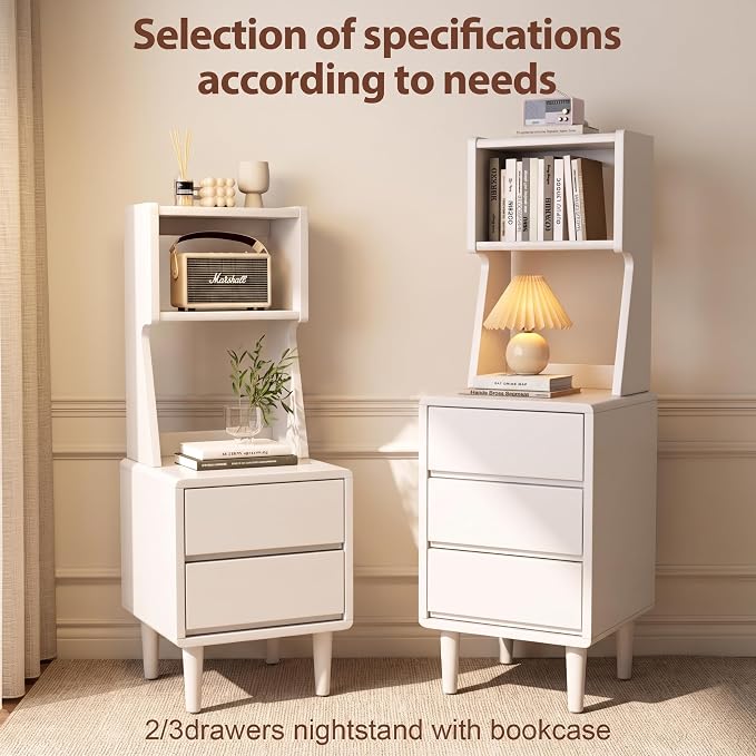 Solid Wood Bookshelf Nightstand Combo, Tall Nightstand with Bookshelf | White Nightstand Bookshelf,Narrow Nightstand with Drawers,Open Shelf Bookcase,for Bedroom,Living Room,Offices