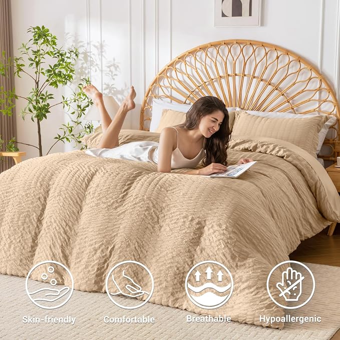 HYMOKEGE Khaki Duvet Cover Full Size, Ultra Soft 3-Piece Seersucker Duvet Cover Set with Zipper Closure, Soft Brushed Microfiber Bedding Set with 8 Corner Ties (80"x90", 2 Pillowshams)