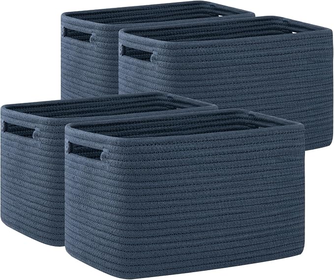 OIAHOMY 4 Pack Storage Baskets for Organizing 15L Cube Storage Bins Blue | Woven Baskets for Storage Rectangle Small Baskets With Handles Baskets for Shelves Wicker Baskets for Shelves 12.7x9x7.8inch