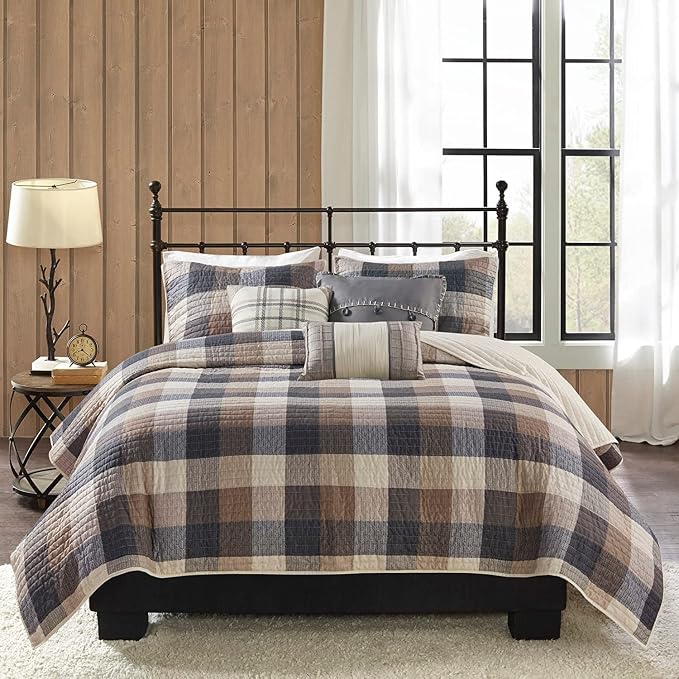Madison Park Cabin Lifestyle Plaid Quilt Set, 6PC King/Cal King Coverlet | All Season, Luxurious Coverlet Bedspread Lightweight Bedding Layer, Shams, Decorative Pillow, Neutral