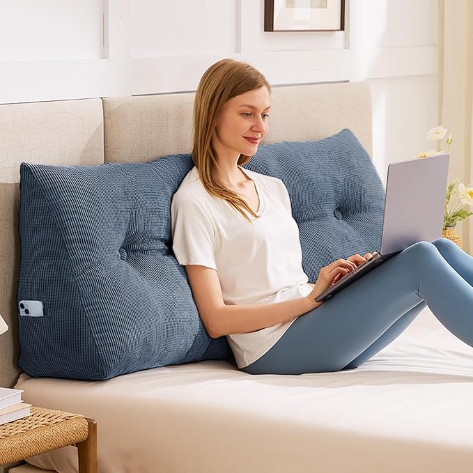 Headboard Pillow Queen, Wedge Pillow Headboard, Navy Blue | Triangle Backrest for Headboard, Bed Pillow for Sitting Up Reading Working, Removable Cover, Side Pockets, for Bed Dorm Sofa