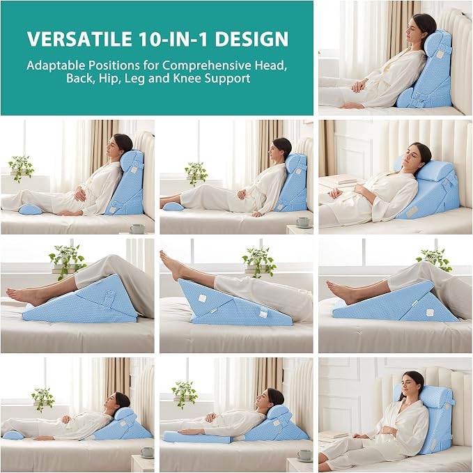 Adjustable 4pcs Bed Wedge Pillow Set, Memory Foam Wedges Pillow Post Surgery for Back, Neck, Leg Pain Relief, Pillows Wedge for Sleeping, Sitting up in Bed, Acid Reflux and GERD, Light Blue