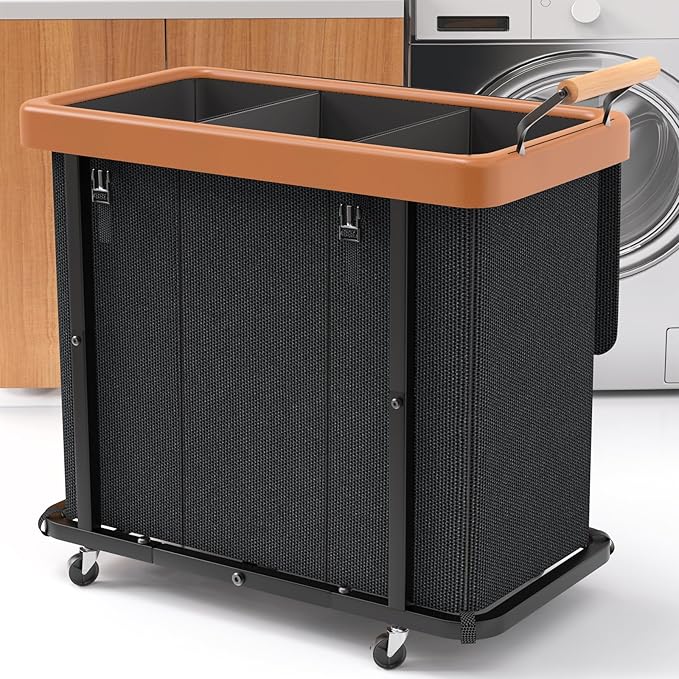Laundry Hamper 3 Section with Lid,230L Rolling Dirty Clothes Hamper Black | Laundry Basket with Wheels,Laundry Organizer Storage Cart with Sturdy Metal Frame and Wooden Handle for Laundry Room, Hotel