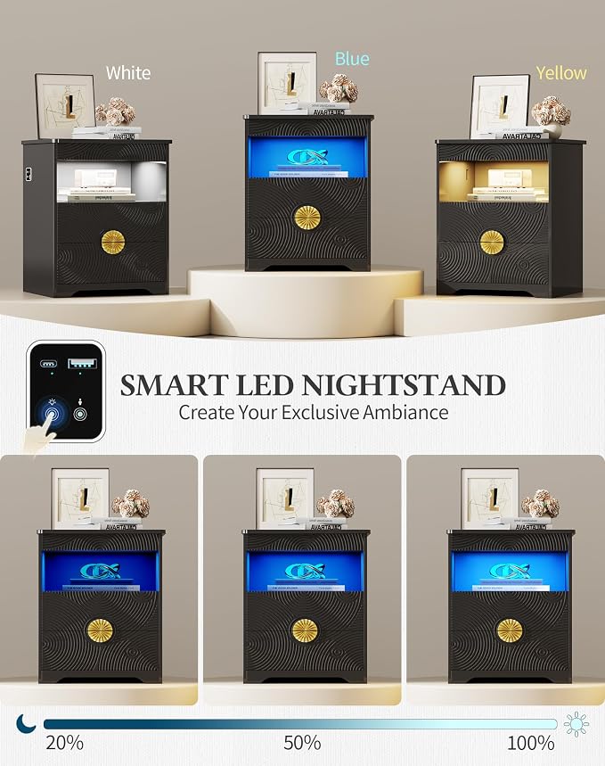 FREDEES LED Nightstand Set 2 with Gun Drawer & Charging Station | 3-Color Lights & Human Body Sensor, Smart Charger Station, 2 DrawersHidden Storage, End Table Bedroom Livingroom