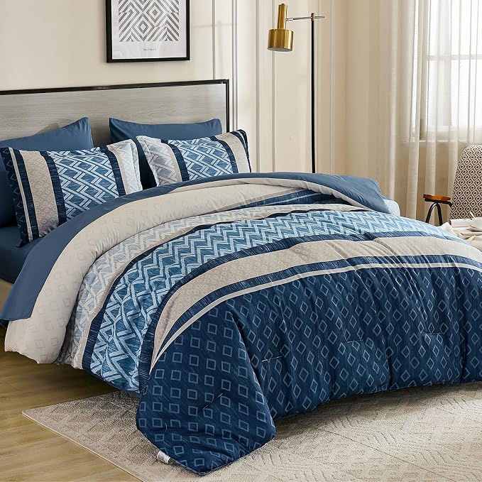 Cottolester California King Comforter Set,Blue Boho Striped Bed in a Bag | Plaid Comforter Set,Soft Microfiber Complete Bedding Set,All Season