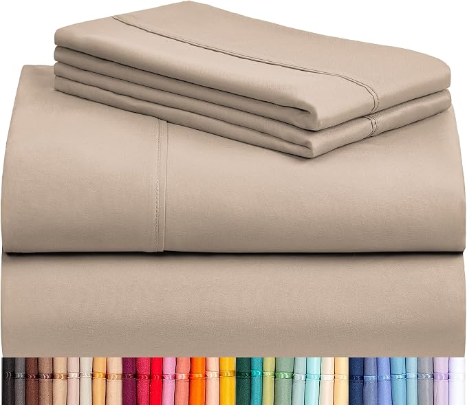 LuxClub 4 PC Full Sheet Set, Deep Pockets Wrinkle Free Cooling Bed Sheets Hotel Bedding for Women, Men, Kids & Teens, Includes 1 Fitted Sheet, 1 Flat Sheet and 2 Pillowcases-Soft Light Khaki | LuxClub Silky Fitted Sheet & Pillowcase Sets, Breathable Ho...