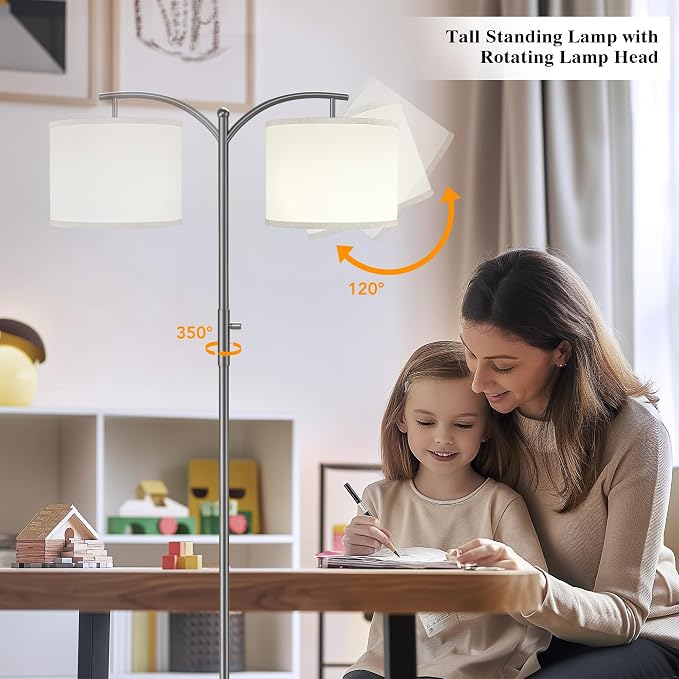 ROTTOGOON Dimmable Floor Lamp, Arc Floor Lamps for Living Room, Stepless Dimming Modern Standing Lamp with Linen Shade, Tall Lamp for Bedroom Office Dining Room- Grey