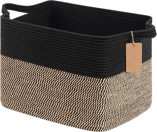 Goodpick 50L Large Woven Storage Basket for Organizing, Black & Jute | 18" × 14" × 12" Stylish Gift Basket for Living Room & Bedroom Organization, Wicker Baskets for Shoes & Toys Storage