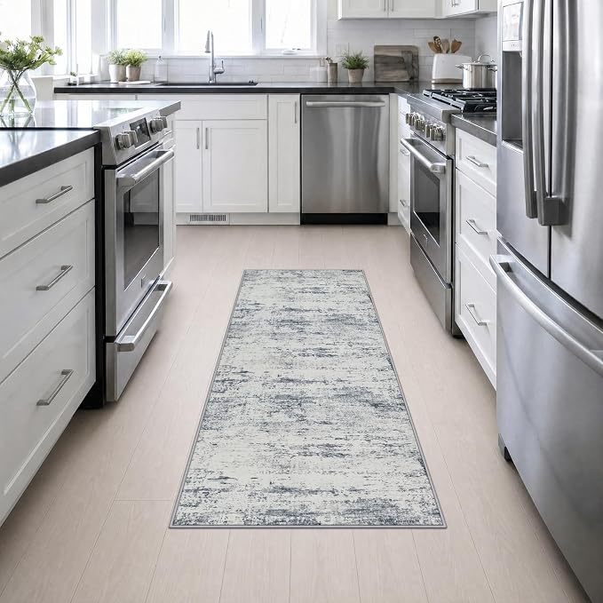 2x6 Washable Runner Rug：Modern Abstract Soft Carpet Blue Grey | For Hallway, Bedroom, Kitchen, Laundry, Bathroom,Door Mat,Modern Abstract,Machine washable,Non-Slip,Stain Resistant,Indoor