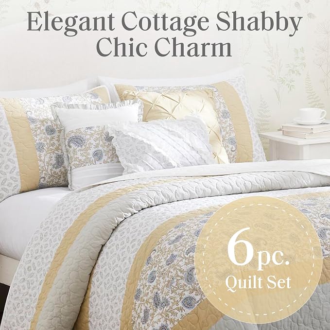 Madison Park 100% Cotton Quilt Set Floral Print, Double Sided Stitching, All Season, Lightweight Coverlet Shabby Chic Bedding Layer, Matching Shams, Full/Queen, Yellow 6 Piece | Double-Sided Stitching Floral Design, All Season, with Shams, Bed Skirt, D...