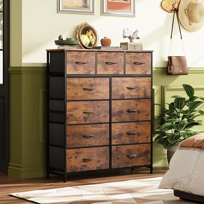 WLIVE Tall Dresser for Bedroom, 11 Drawer Chest of Drawers, Rustic Brown | 11 fabric storage drawers, Tall high-capacity design, Bedroom or dorm use, Sturdy steel frame, Smooth wood tabletop