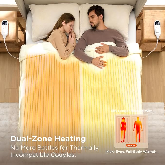 Bedsure Heated Blanket King Size, Dual Control Electric Blanket, Ivory | Preheat Function,6 Heat/6 Timer Settings, 8H Auto Shut-Off, ETL/FCC, Soft Flannel Sherpa, Machine Washable, 84x90in