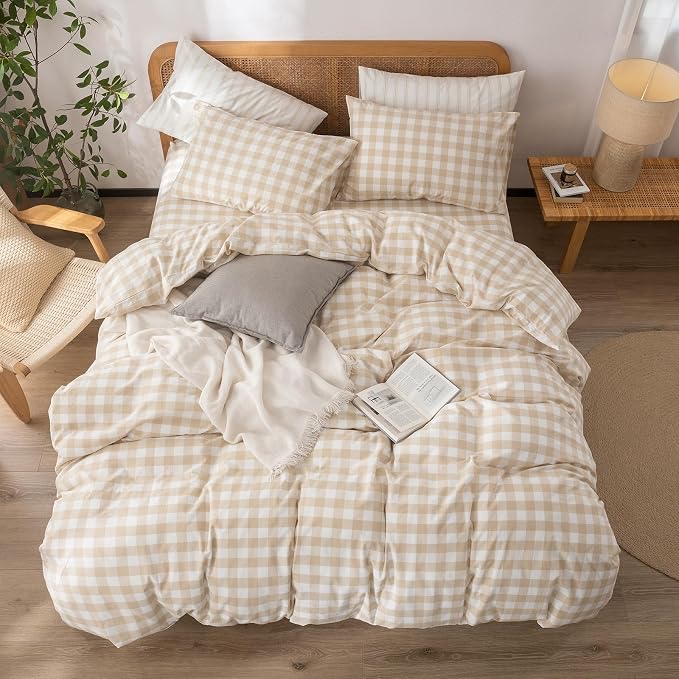 BESTOUCH Gingham Cotton Duvet Cover Set Almond Grey King | Washed Cotton, Linen Feel, Soft Wrinkle Texture, Hidden Zipper, 8 Ties, Breathable Lightweight Durable Comfy, 3 Pcs No Insert