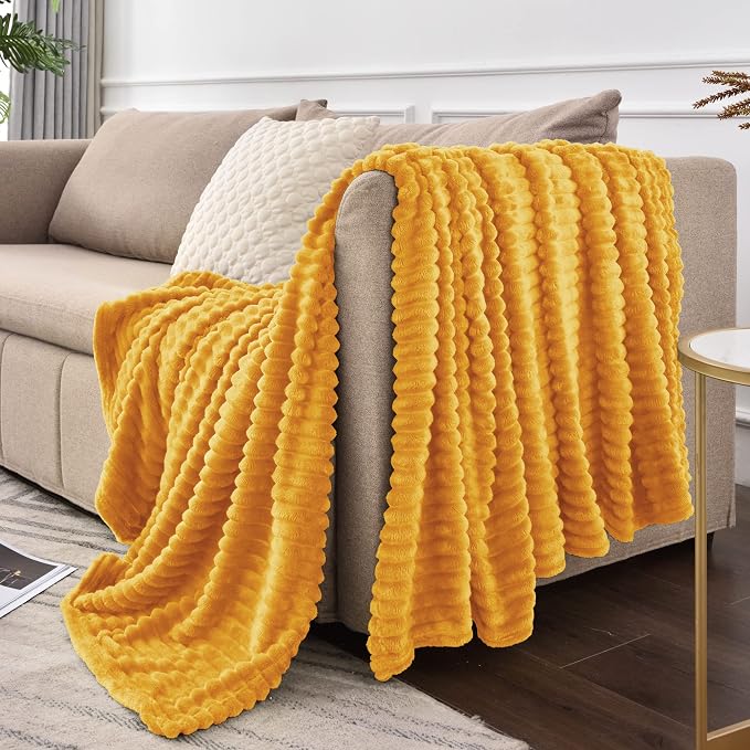 BEDELITE 3D Ribbed Mustard Yellow Fleece Twin Blanket for Couch, 60x80 Inch | Soft Warm Fluffy Blanket for Bed Sofa College Dorm Room Decor, Luxury Cozy Plush Birthday Gifts for Women Girls, Lightweight