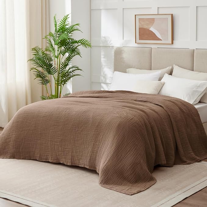 100% Cotton Muslin Blanket King 108" x 90", Breathable and Lightweight Cotton Throw Blanket for Bed, Soft Cooling Summer Gauze Blanket for Adults All Season, Brown