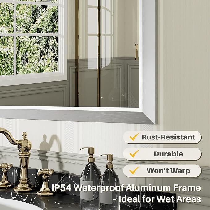 Bathroom Wall Mirror, Silver Brushed Nickel Metal Frame, 40x38 Inch | Anti-rust, HD tempered glass, for bathroom vanity, bedroom, living room, horizontal or vertical mount