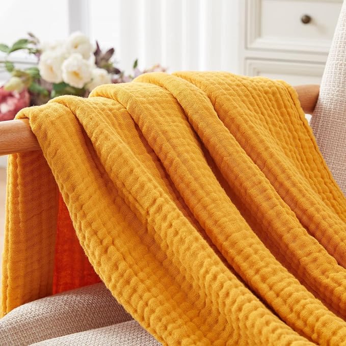 EMME Muslin Blankets for Adults Throw Blanket for Couch Breathable Gauze Soft Lightweight Airy Mustard Yellow Throw XL 50" x 71"