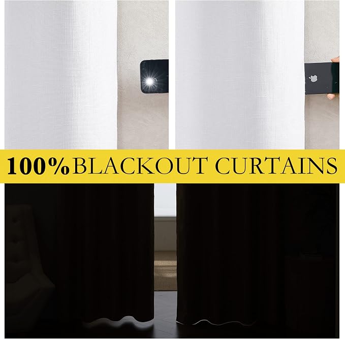 NICETOWN 100% Absolutely Blackout Linen Curtains with Thermal Insulated White Liner, White, 42 inches Wide, 54 inches Length Energy Saving Curtains for Cupboard 2 Panels Set, Vertical Blinds