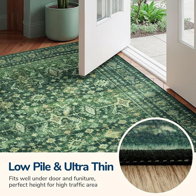 5 x 8 Washable Area Rugs for Living Room,Soft Non Slip Carpet Green | Durable Stain Resistant,Kid Pet Friendly,Compatible with All Vacuums,0.25inch Low Pile for Bedroom Dining Room Home Office