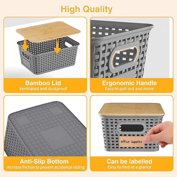 6 Pack Plastic Storage Baskets,Gray bamboo lid storage Box | Labels, Stackable, For Organizing Shelves Pantry Drawers Desktop Closets Organizing Desktop Closet Playroom Classroom
