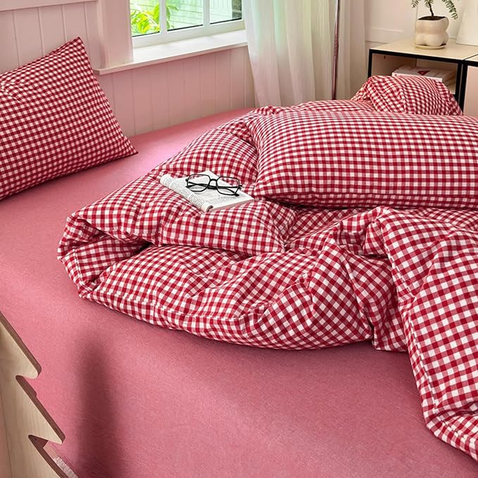 LifeTB Queen Comforter Set Red Gingham Comforter Modern Style Plaid Boho Comforter Set 3 Pieces Fluffy Grid Checkered Comforter with 2 Pillowcases Farmhouse Gingham Bedding Set Queen Size