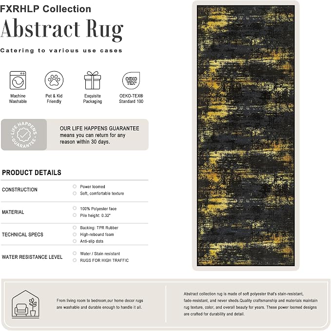 2x5 Washable Runner Rug：Modern Abstract Soft Carpet Black Gold | For Hallway, Bedroom, Kitchen, Laundry, Bathroom,Door Mat,Modern Abstract,Machine washable,Non-Slip,Stain Resistant,Indoor
