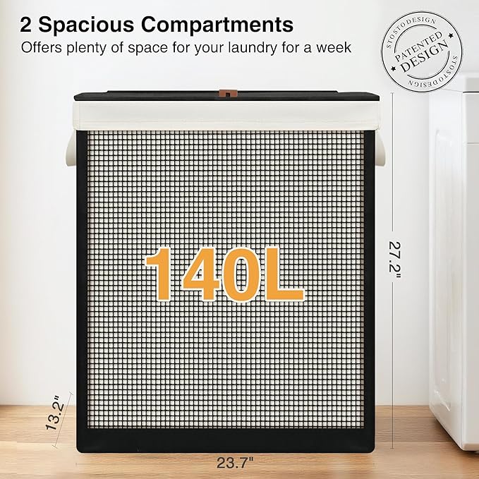 STO STO 2 Section Laundry Hamper with Lid, 140L Steel-Frame Double Laundry Hamper with Removable Washable Liner, Breathable Large Laundry Basket for Bedroom, Bathroom, Laundry Room, Dorm, Closet