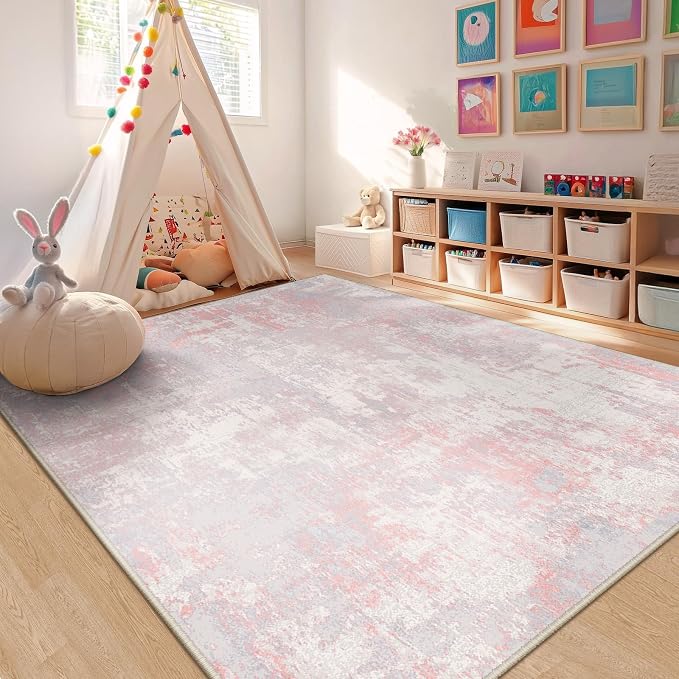 RELEANY Washable 6'x9' Abstract Area Rug for Living Room Gray Pink | Carpet for Bedroom, Kitchen, Office, Hallway and Entryway, Printed Pattern, Non‑Slip, Soft, Stain‑Resistant, Easy to Clean
