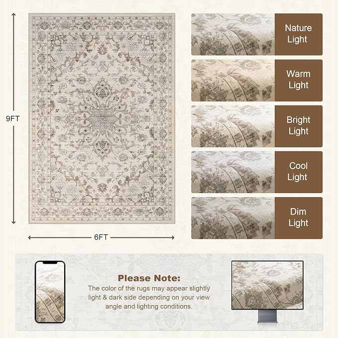 6x9 Area Rugs Living Room: Washable Rug for Bedroom Brown Beige | Boho No Slip Stain Resistant Rug Soft Indoor Decor Floor Floral 6x9 Area Rugs for Dining Room, Nursery, Hallway, Home Office