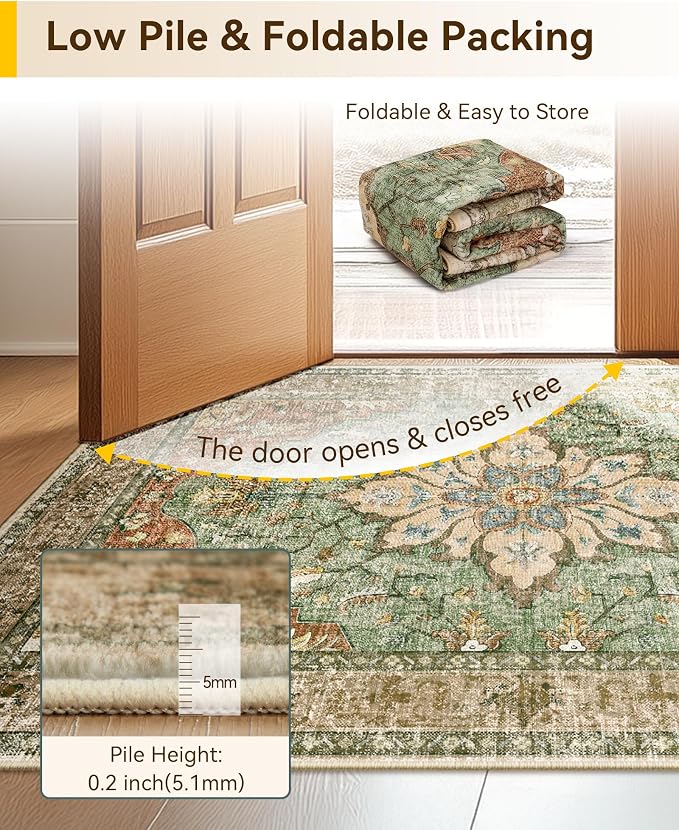 RELEANY Washable Area Rug, Small 2'x3', Brick/Brown/Green | Non-Slip, Water Repellent, Pet Friendly, Easy to Clean, Vintage Floral Boho Decor for Kitchen Entryway Bathroom