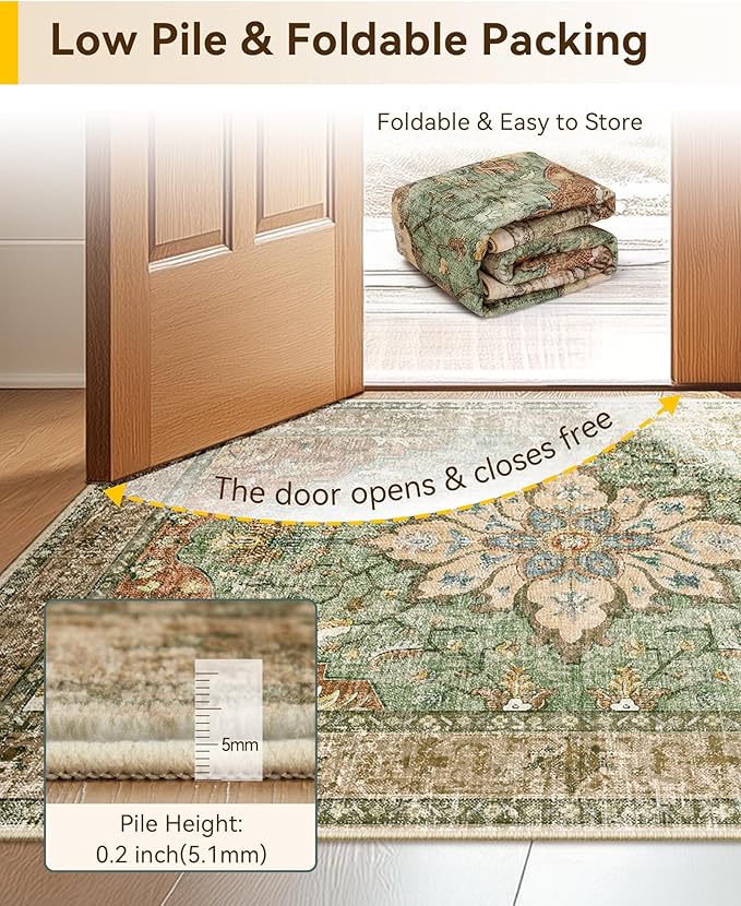 RELEANY Washable Area Rug, 7'x9', Brick/Brown/Green | Non-Slip, Water Repellent, Pet Friendly, Easy to Clean, Vintage Floral Boho Decor for Living Room Bedroom Dining Room Office
