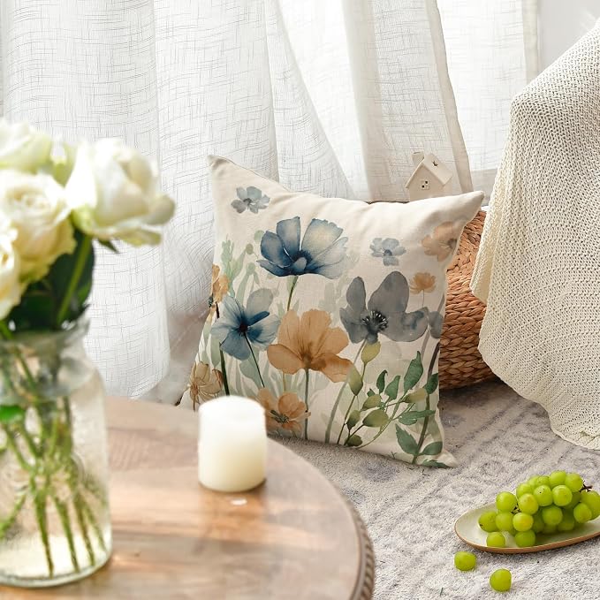AVOIN colorlife Poppy Chinoiserie Flowers Pillow Covers 18x18 Inch Set of 2 | Light Brown Blue Seasonal Leaves Cushion Case Decoration for Sofa Couch Farmhouse