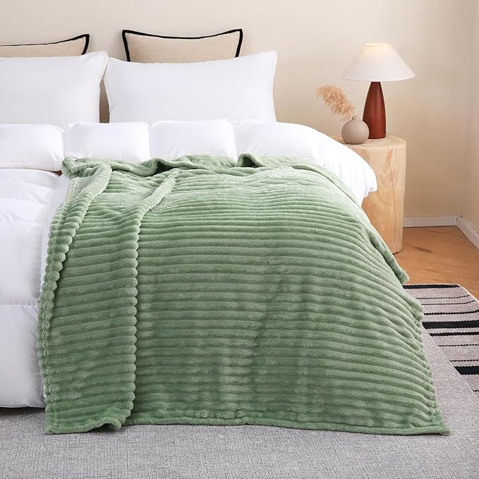 Sage Green Fleece Throw Blanket 50”×60” for Couch Sofa Livingroom | Super Soft Cozy Plush Microfiber Flannel Bed Blanket Striped Design Lightweight Home Decor Gifts for Adults Mom Women