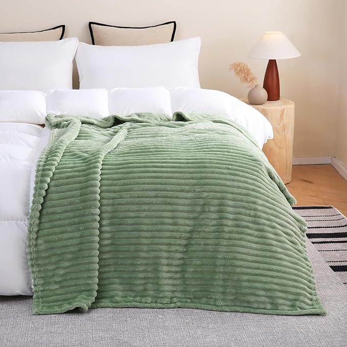 Sage Green Fleece Throw Blanket 108”×90” for Couch Sofa Livingroom | Super Soft Cozy Plush Microfiber Flannel Bed Blanket Striped Design Lightweight Home Decor Gifts for Adults Mom Women