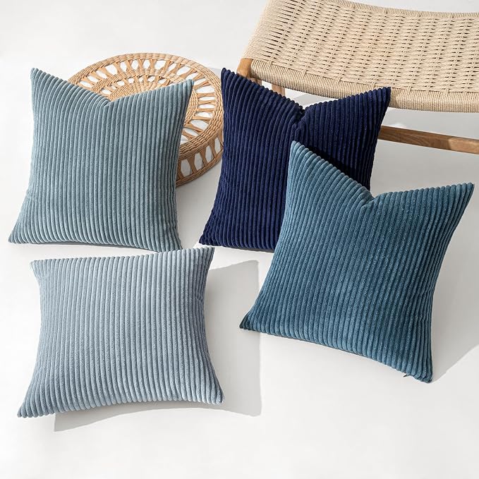 MIULEE Soft Corduroy Decorative Throw Pillow Covers Blue Navy Series 18x18 | Set of 4, Modern Nordic Coastal Decor, Classic Blue Palette, Boho Farmhouse Cushion Covers for Couch Bed Sofa Living Room