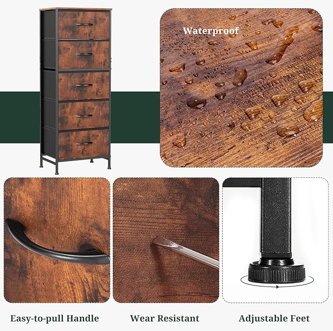 5 Drawers Dresser for Bedroom Fabric Storage Tower with Wooden Top | Steel Frame Tall Chest of Drawers for Closet, Entryway, Dorm, Brown